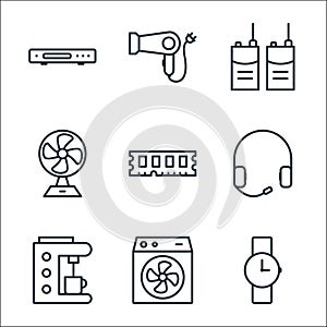 Electronic devices line icons. linear set. quality vector line set such as watch, room, coffee maker, earphone, ram, fans, walkie