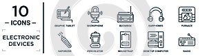 electronic.devices linear icon set. includes thin line graphic tablet, boombox, furnace, percolator, desktop computer, radio,