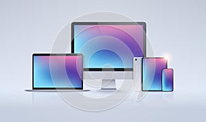 Electronic devices mockup set laptop monitor tablet and smartphone with colorful screen digital technology concept gray