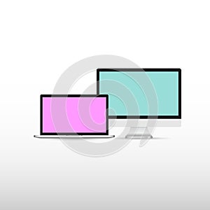 Electronic devices mockup set laptop monitor tablet and smartphone with colorful screen digital technology concept gray background