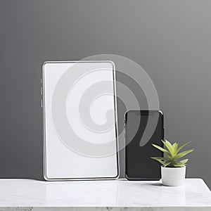 Electronic devices mockup. Smartphone and tablet on a table in black and whhite colors on grey background. Business mock up with