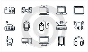 electronic devices outline line icons. linear set. quality vector line set such as headphone, imac, communication, smartphone,