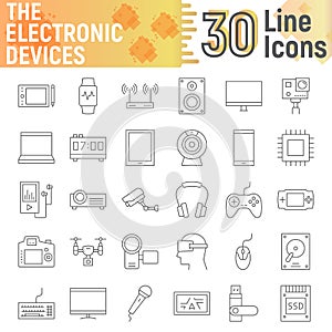 Electronic devices thin line icon set, media signs