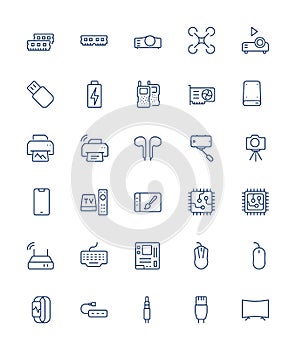 Electronic devices vector thin line mini icons set. 32x32 Grid. Pixel Perfect.Editable stroke.