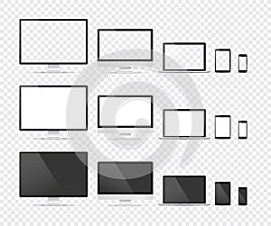 Electronic devices, web design vector template with laptop, tablet, smartphone, computer. Flat design, vector illustration on