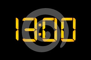 Electronic digital clock with yellow numbers on a black background shows the time Thirteen zero zero o`clock of the day. Isolate,