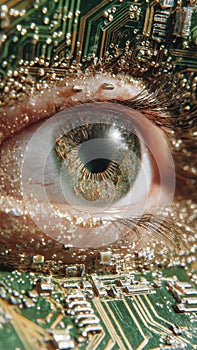 electronic digital eye of human cyborg robot with microchip implants. Artificial intelligence and augmented reality