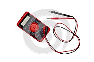 Electronic digital multimeter isolated on white background with probes.