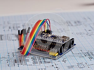 Electronic DIY project Arduino.Electronics and microprocessor.Drawing on a light background.Do it yourself.Programming and