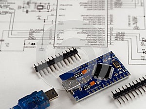 Electronic DIY project Arduino.Electronics and microprocessor.Drawing on a light background.Do it yourself.Programming and