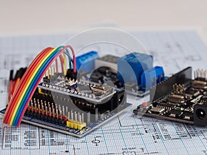 Electronic DIY project Arduino.Electronics and microprocessor.Drawing on a light background.Do it yourself.Programming and