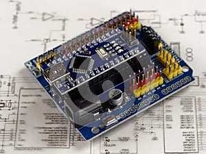 Electronic DIY project Arduino.Electronics and microprocessor.Drawing on a light background.Do it yourself.Programming and