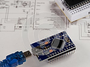Electronic DIY project Arduino.Electronics and microprocessor.Drawing on a light background.Do it yourself.Programming and
