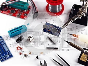 Electronic DIY project Arduino.Electronics and microprocessor.Drawing on a light background.Do it yourself.Programming and