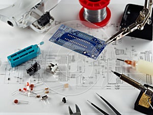 Electronic DIY project Arduino.Electronics and microprocessor.Drawing on a light background.Do it yourself.Programming and