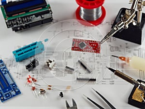 Electronic DIY project Arduino.Electronics and microprocessor.Drawing on a light background.Do it yourself.Programming and