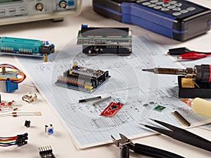 Electronic DIY project Arduino.Electronics and microprocessor.Drawing on a light background.Do it yourself.Programming and