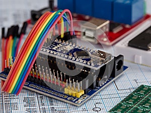 Electronic DIY project Arduino.Electronics and microprocessor.Drawing on a light background.Do it yourself.Programming and
