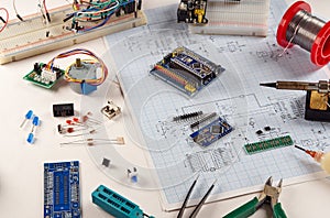 Electronic DIY project Arduino.Electronics and microprocessor.Drawing on a light background.Do it yourself.Programming and