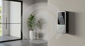 Electronic door access control system mounted on a wall, featuring a sleek