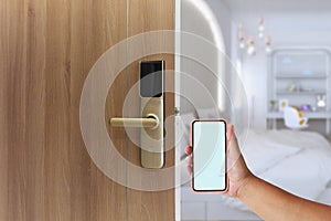 Electronic door lock handle access by smart phone.