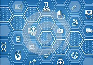 Electronic e-healthcare blue background with hexagonal shapes photo