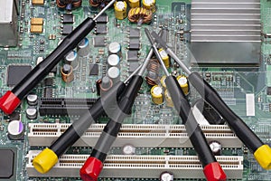 Electronic elements installed on the board Concept of repairing laptop computers