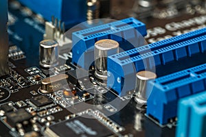 Electronic engineer chip, computer processor technology. Microchip computer cpu hardware, printed digital motherboard component
