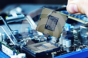 Electronic engineer of computer technology. Maintenance computer cpu hardware upgrade of motherboard component. Pc repair,