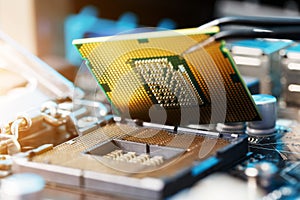 Electronic engineer of computer technology. Maintenance computer cpu hardware upgrade of motherboard component. Pc repair,