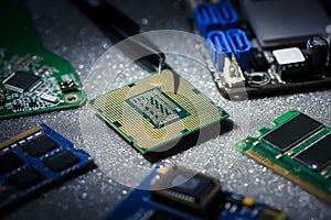 Electronic engineer of computer technology. Maintenance computer cpu hardware upgrade of motherboard component. Pc repair, technic