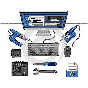 Electronic engineering workbench setup with essential tools