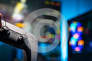 Electronic equipment for gaming - gamepad, computer. Video games, modern computer technologies, virtual reality, cyberspace,