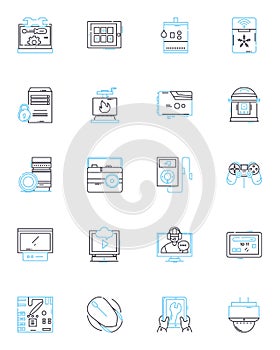 Electronic equipment linear icons set. Amplifier, Circuit, Capacitor, Diode, Transistor, Resistor, Sensor line vector