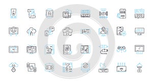 Electronic equipment linear icons set. Amplifier, Circuit, Capacitor, Diode, Transistor, Resistor, Sensor line vector