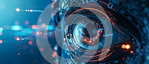 Electronic eye close up technology ai surveillance system digital security abstract view