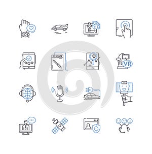 Electronic gadgetry line icons collection. Smartph, Tablet, Laptop, Smartwatch, Headphs, Earbuds, Gaming vector and