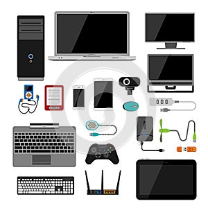 Electronic gadgets icons technology electronics multimedia devices everyday objects control and computer connection