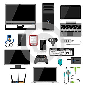 Electronic gadgets icons technology electronics multimedia devices everyday objects control and computer connection