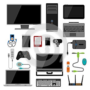 Electronic gadgets icons technology electronics multimedia devices everyday objects control and computer connection