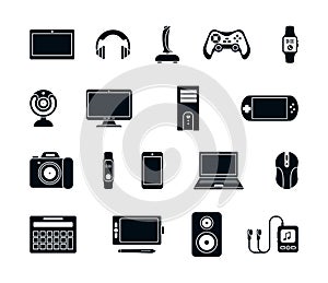 Electronic gadgets silhouette icons set. Stylish joystick modern laptop system unit gaming mouse gamepad mp3 player