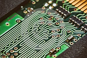 Electronic green circuit board. Macro.