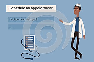 Electronic health concept. Black cartoon doctor asking how he can help. Making online appointment.