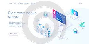 Electronic health record concept in isometric vector design. Male doctor or physician with EHR database in smartphone. Healthcare