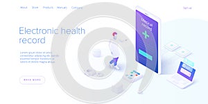 Electronic health record concept in isometric vector design. Male doctor or physician with EHR database in smartphone. Healthcare