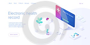 Electronic health record concept in isometric vector design. Male doctor or physician with EHR database in smartphone. Healthcare
