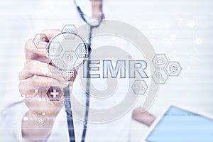 Electronic health record. EHR, EMR. Medicine and healthcare concept. Medical doctor working with modern pc.