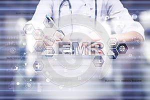 Electronic health record. EHR, EMR. Medicine and healthcare concept. Medical doctor working with modern pc.