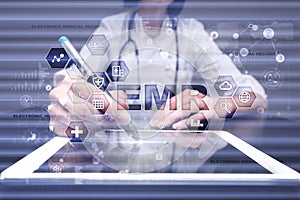 Electronic health record. EHR, EMR. Medicine and healthcare concept. Medical doctor working with modern pc. photo