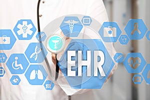 Electronic health record. EHR on the touch screen with medicine